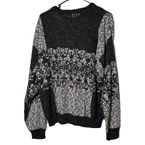 VTG Nuovo New Forces Mens Med Fuzzy Knit Sweater‎ Black Gray Abstract Colorblock